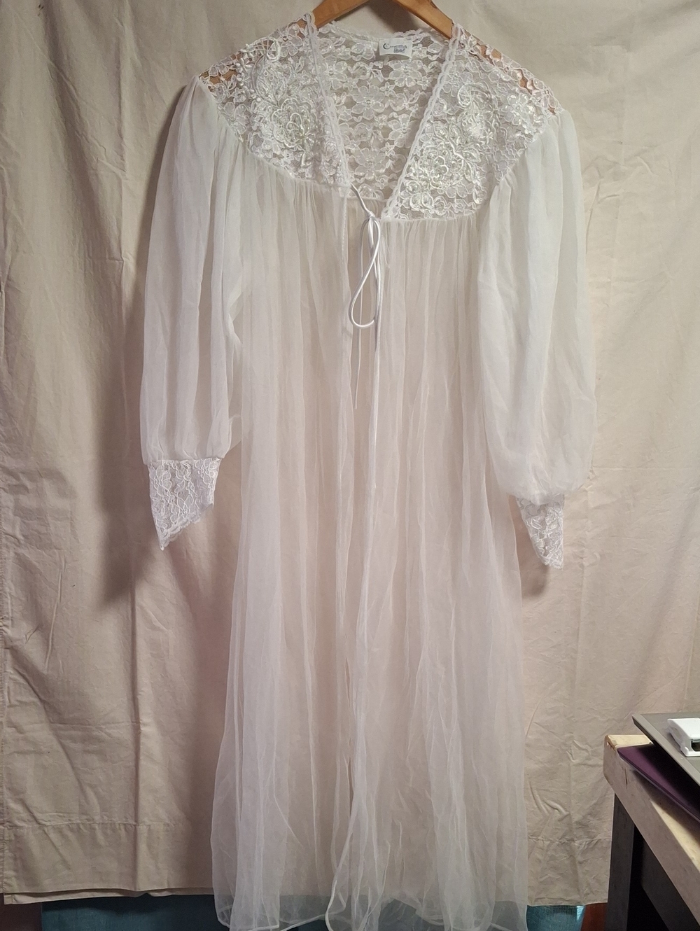 Vintage Ciema And Etoile  White Lace Yoke Sheer Nightgown Size Small